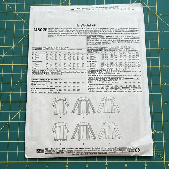 McCall Sewing Pattern - Top M8026 - Picture 2 of 8